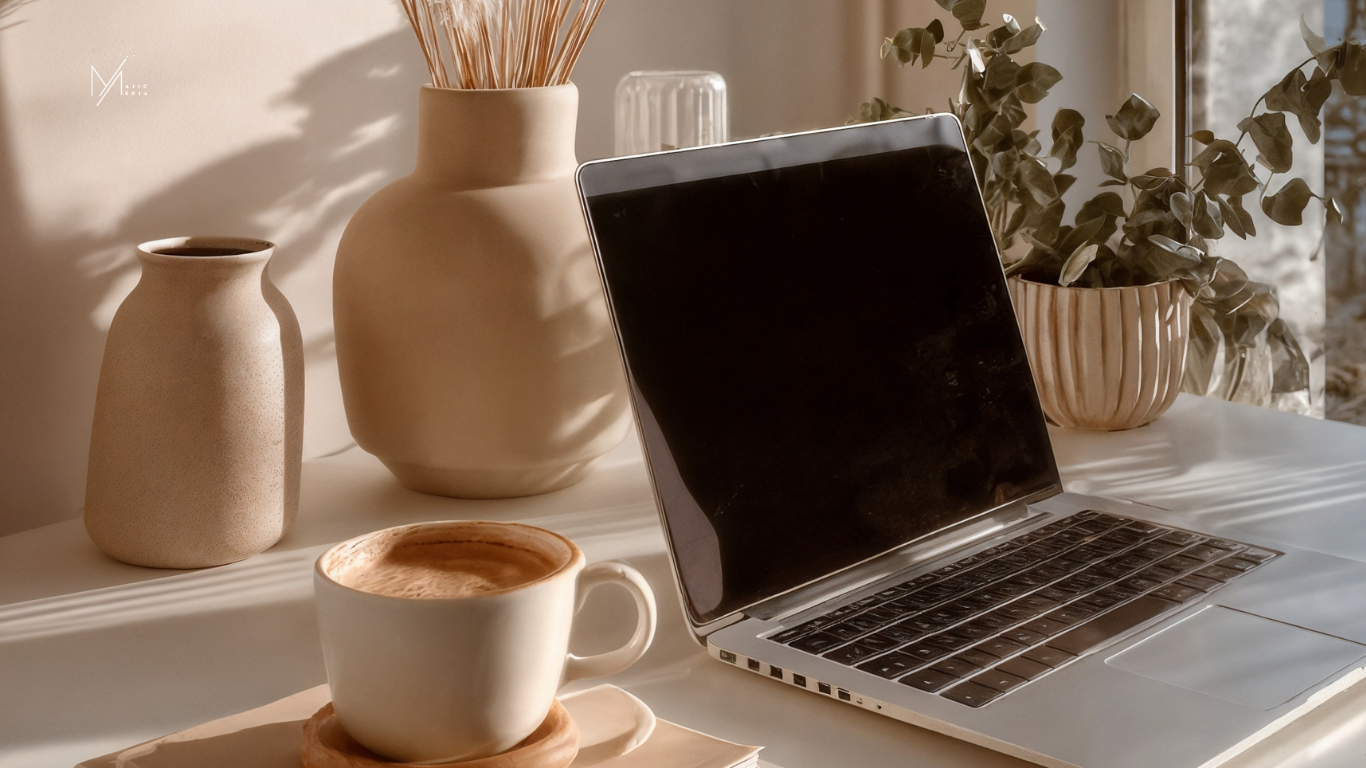 wooden table with coffee and laptop on it
